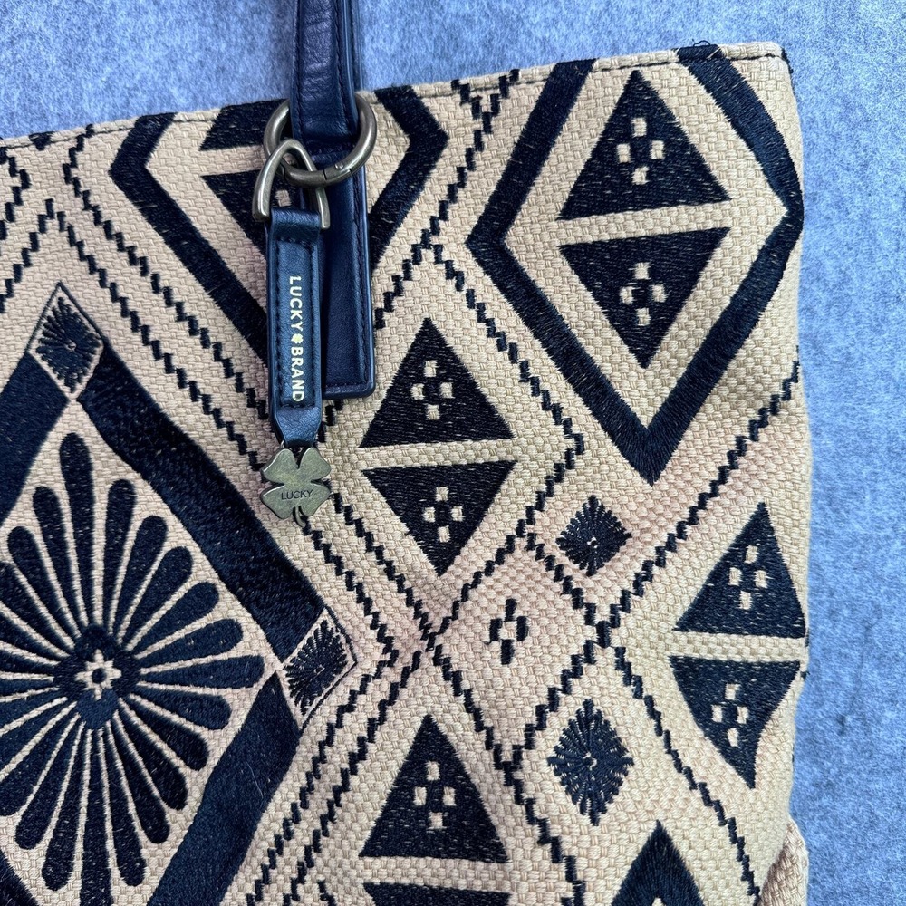 Lucky Brand Cassis Top Zip Tan Black Embroidered Boho Tote Shoulder Bag - Picture 2 of 7